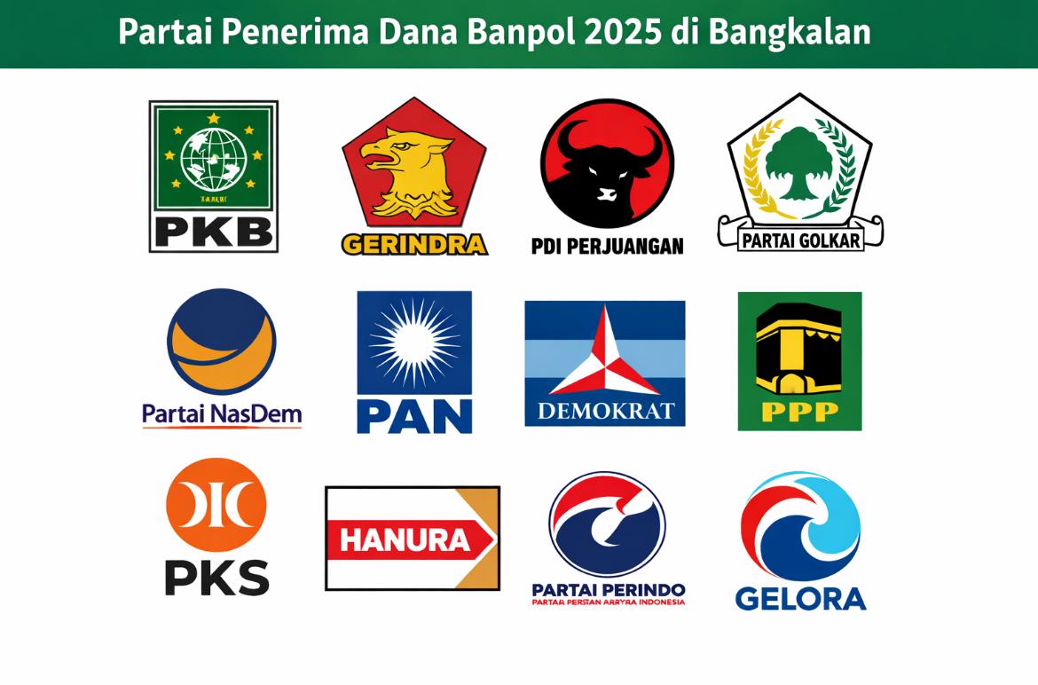Logo sejumlah partai politik penerima Dana Banpol 2025 di Kabupaten Bangkalan. Hingga akhir tahun, baru tiga partai yang telah menyerahkan laporan pertanggungjawaban (SPJ) kepada Bakesbangpol.