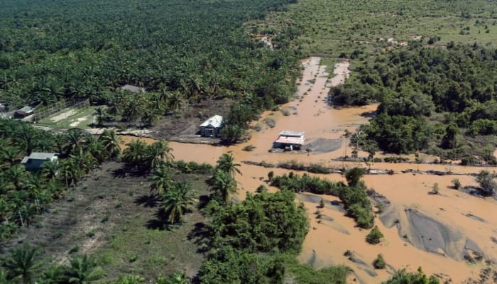 BENCANA. Potret banjir merendam permukiman dan perkebunan sawit di salah satu wilayah terdampak di Sumatra. (istimewa/ejaberita.co)