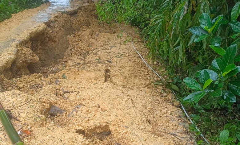 Kondisi jalan utama di Dusun Dubaja, Desa Karang Penang Onjur, Kecamatan Karang Penang, Kabupaten Sampang, ambles akibat longsor setelah diguyur hujan deras. Kerusakan ini membuat akses warga lumpuh total dan membahayakan pengguna jalan.
