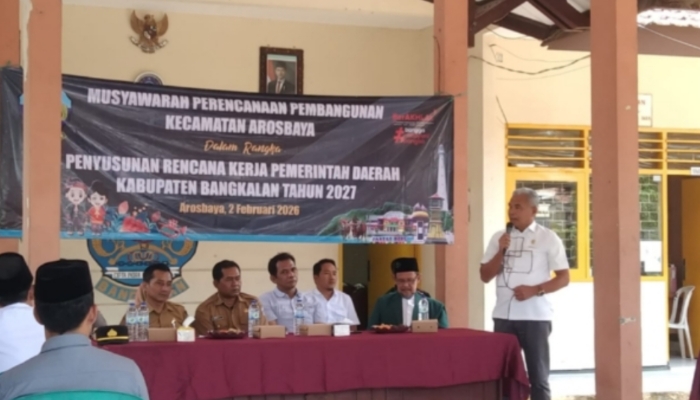 KEGIATAN. Suasana Musrenbang Kecamatan Arosbaya dalam rangka penyusunan RKPD Kabupaten Bangkalan Tahun 2027 yang digelar di Pendopo Kecamatan Arosbaya, Senin (2/2/2026). (redaksi/ejaberita.co)