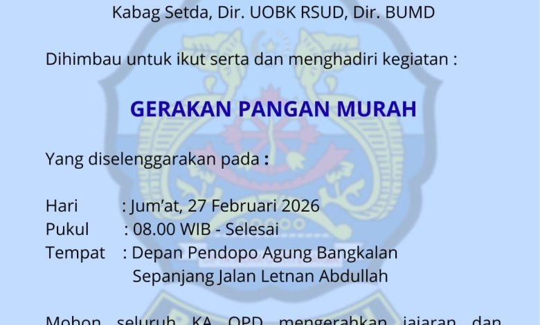 Surat pengumuman Pemkab Bangkalan yang mengimbau seluruh kepala OPD, direksi BUMD, dan jajaran menghadiri Gerakan Pangan Murah di depan Pendopo Agung Bangkalan, Jumat (27/2/2026).