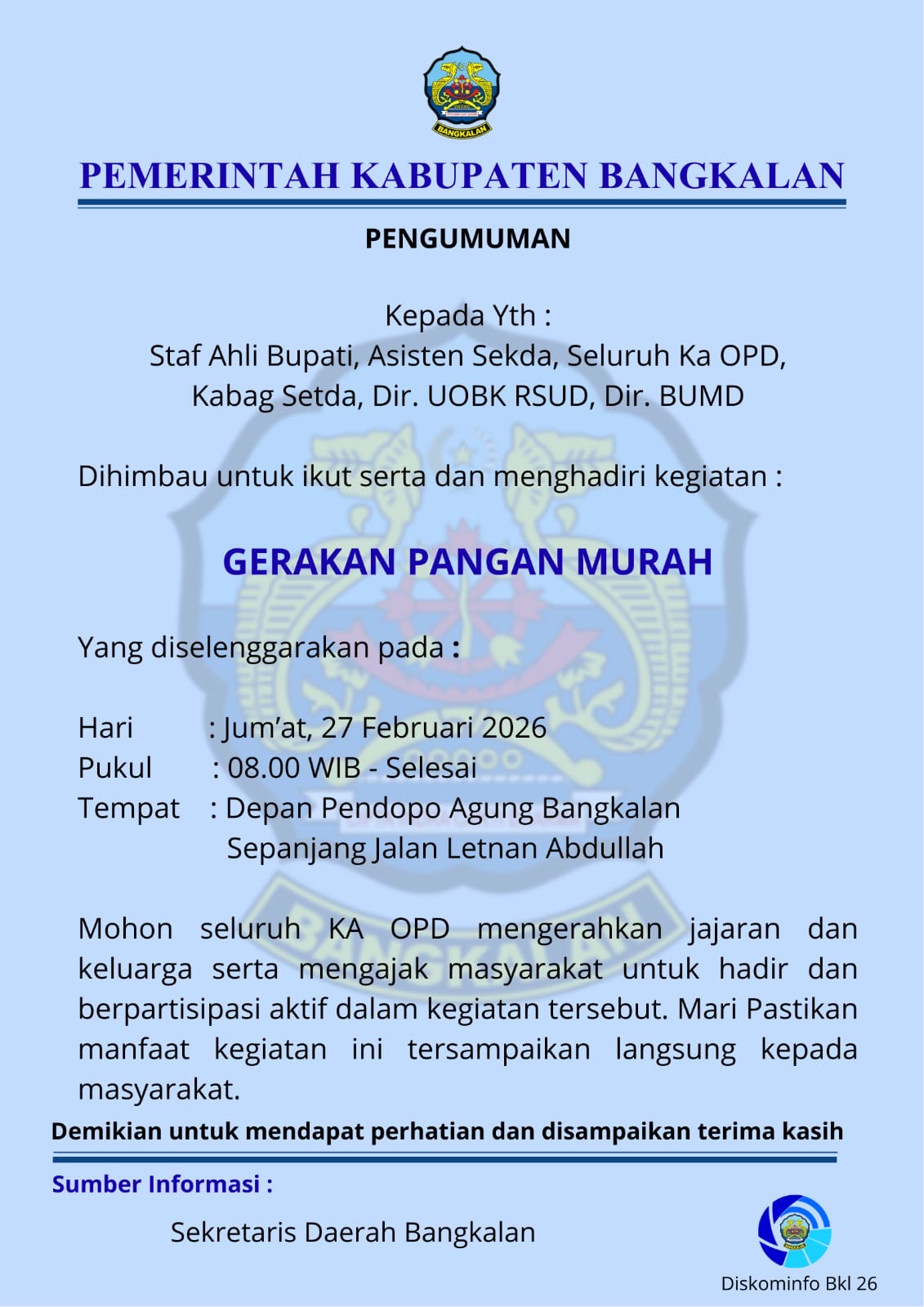 Surat pengumuman Pemkab Bangkalan yang mengimbau seluruh kepala OPD, direksi BUMD, dan jajaran menghadiri Gerakan Pangan Murah di depan Pendopo Agung Bangkalan, Jumat (27/2/2026).