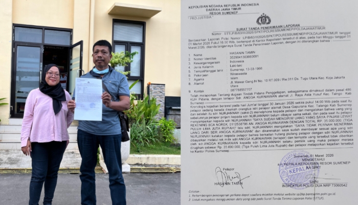 DIPOLISIKAN. Pelapor menunjukkan surat tanda penerimaan laporan di halaman Mapolres Sumenep, terkait dugaan penggelapan dana Rp35 juta. (Istimewa/Redaksi/Ejaberita.co)