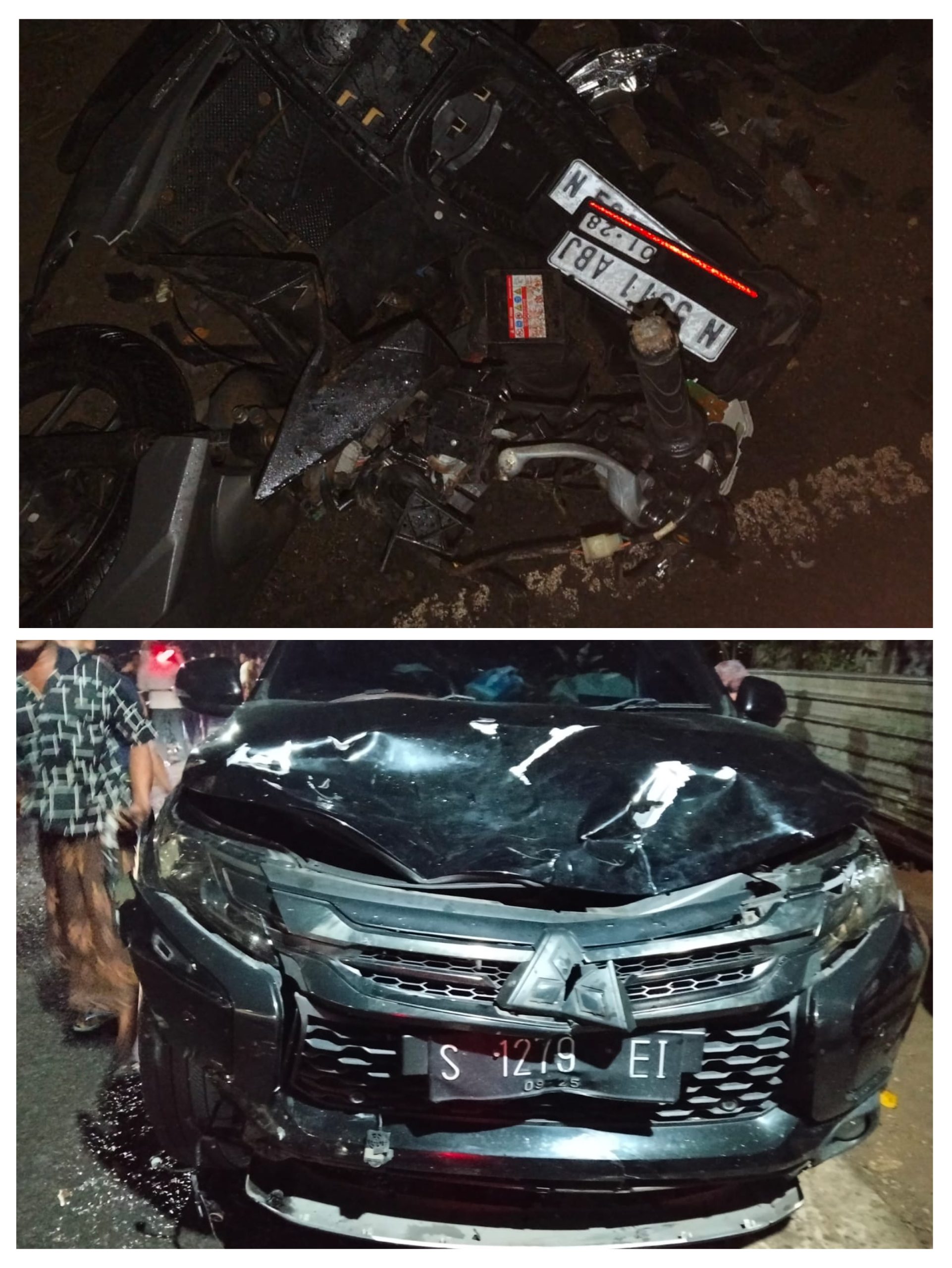 Kondisi sepeda motor dan minibus Mitsubishi Pajero yang terlibat kecelakaan maut di Jalan Raya Madulang, Kecamatan Omben, Kabupaten Sampang, Rabu (18/3/2026) dini hari yang menewaskan tiga orang.